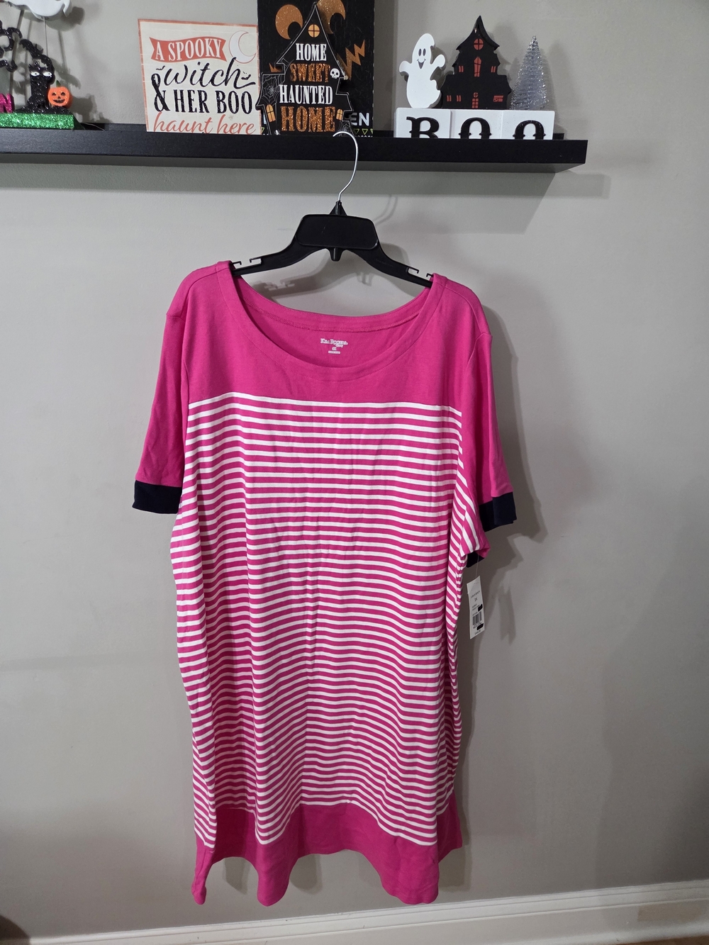 Kim Rogers Pink and White Striped Scoop-Neck Dress with Navy Trim